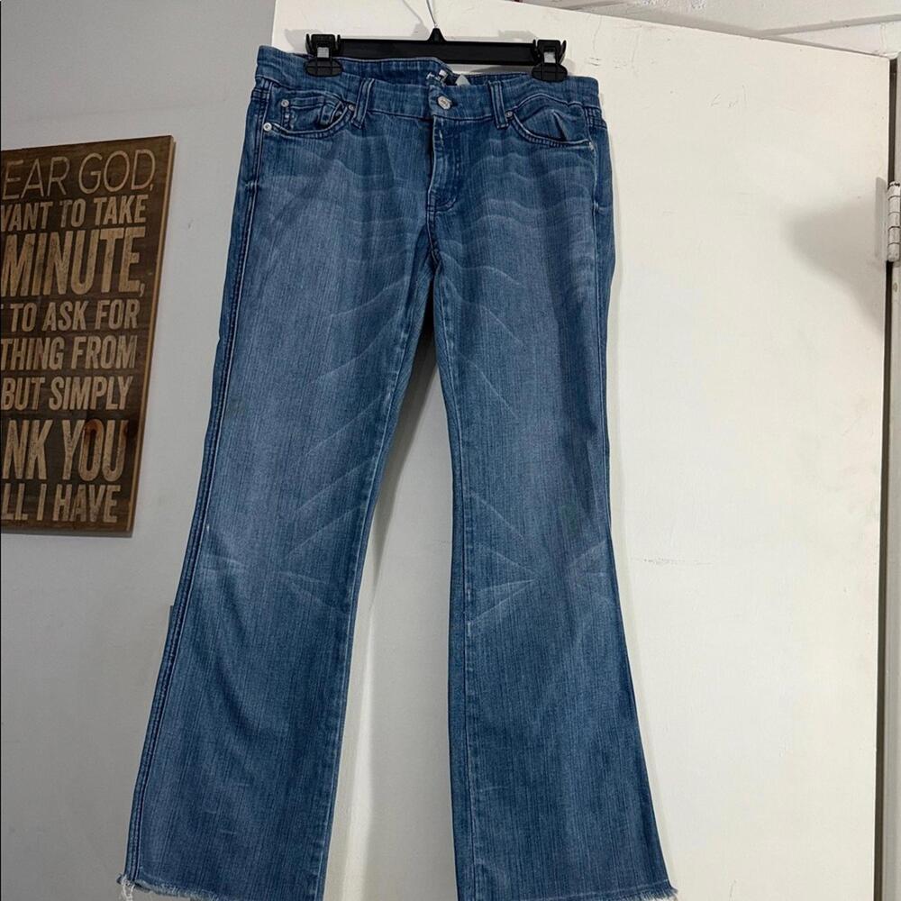7 For All Mankind Blue Flare Jeans Raw Hem A-Pocket